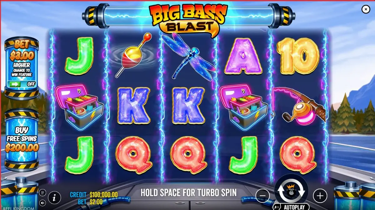 Tampilan layar permainan slot Big Bass Blast dengan tema futuristik dan elemen memancing.