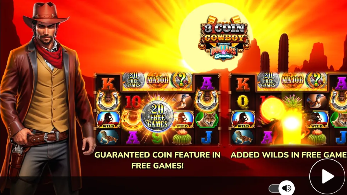 Tampilan visual slot 3 Coin Cowboy Dollars & Dreams dengan latar belakang kota perbatasan Wild West.